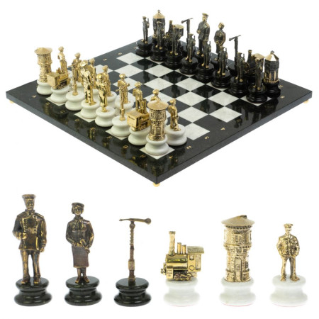 Шахматы подарочные "Железнодорожники" из бронзы и мрамора доска 48х48 см