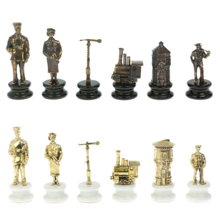 Шахматы подарочные "Железнодорожники" из бронзы и мрамора доска 48х48 см