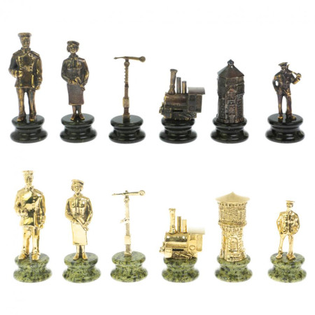 Шахматы подарочные "Железнодорожники" из бронзы и змеевика 48х48 см